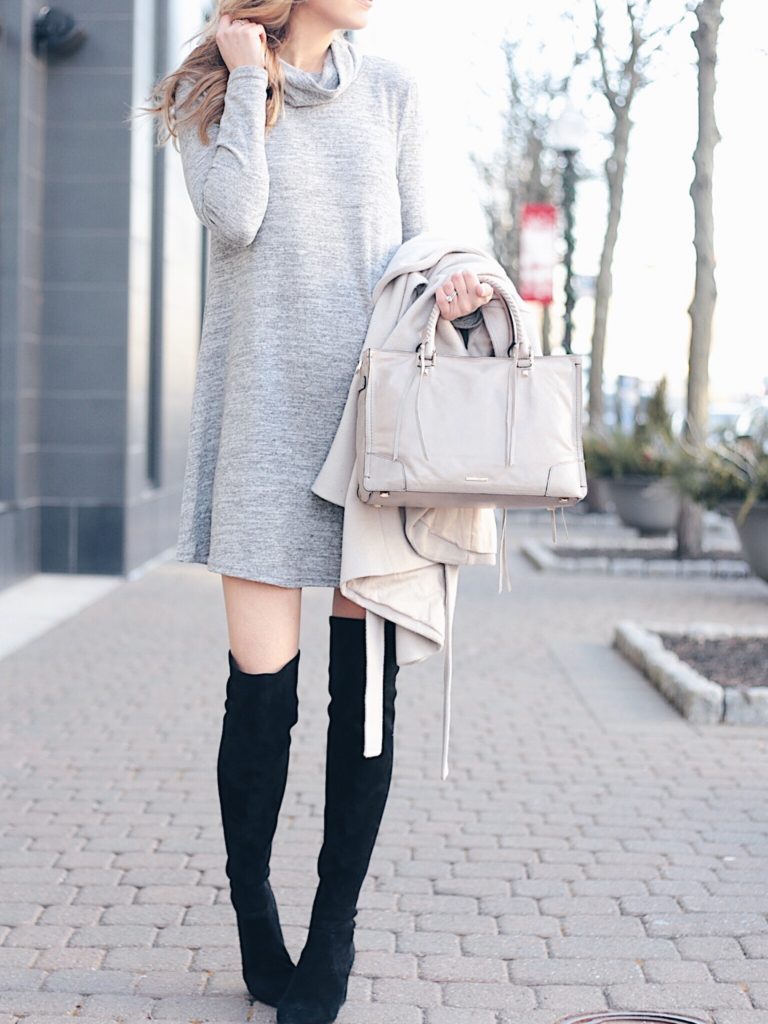 Connecticut life and style blogger Pinteresting Plans shares tips to help fashion bloggers fit in pictures, editing, & blog posts while working or parenting winter outfit: gray cowl neck swing dress with black suede over the knee boots
