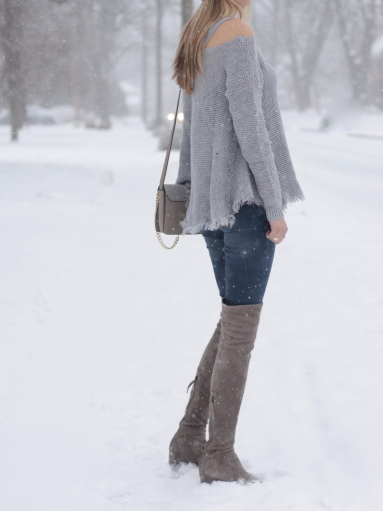 winter outfit: gray thermal cold shoulder sweater with jeggings and taupe suede over the knee boots on Pinteresting plans