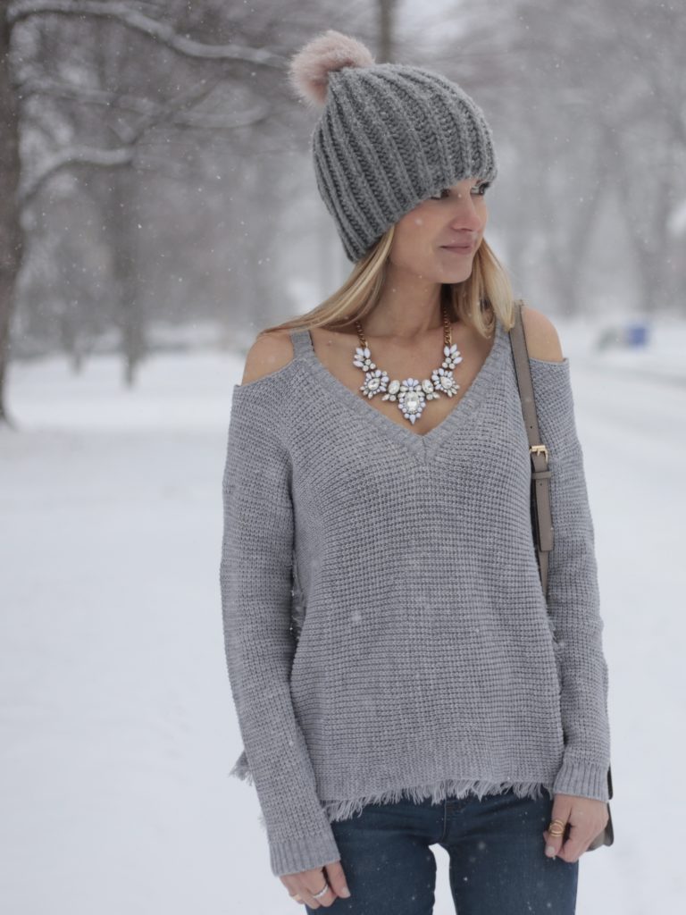winter sweater: thermal knit gray cold shoulder on Pinteresting plans