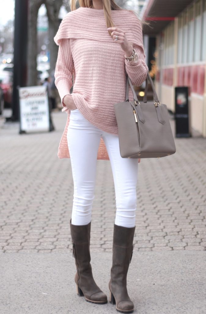 winter white outfit: off the shoulder blush sweater with skinny white denim and Sorel chunky heel snow boots