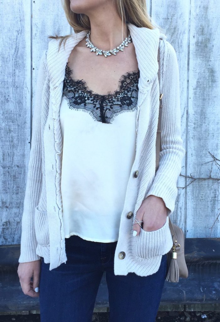 lace trim cami with ivory cardigan