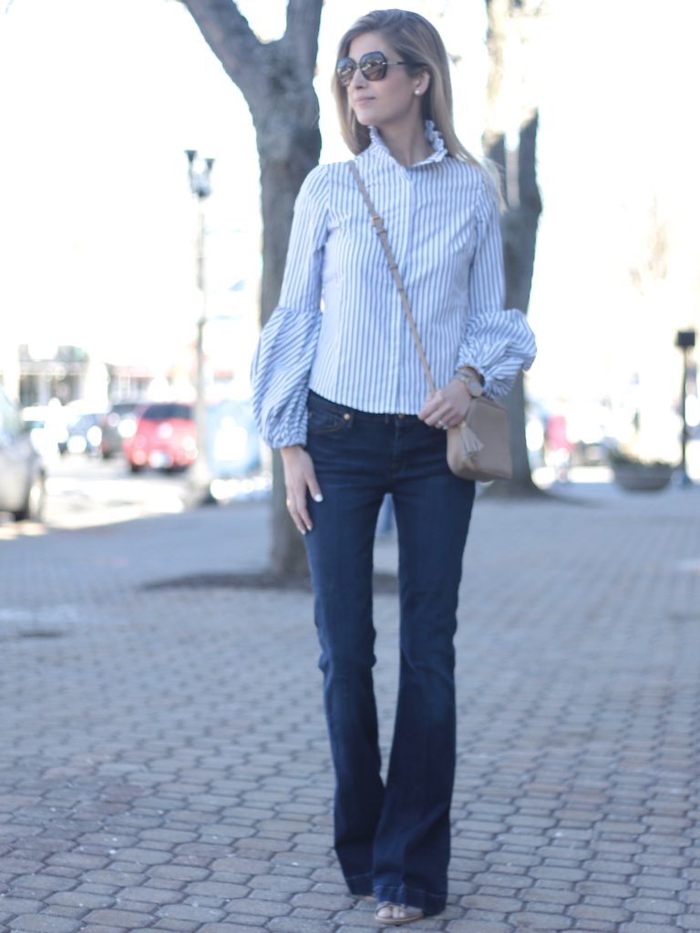 striped bubble shirt with flare denim