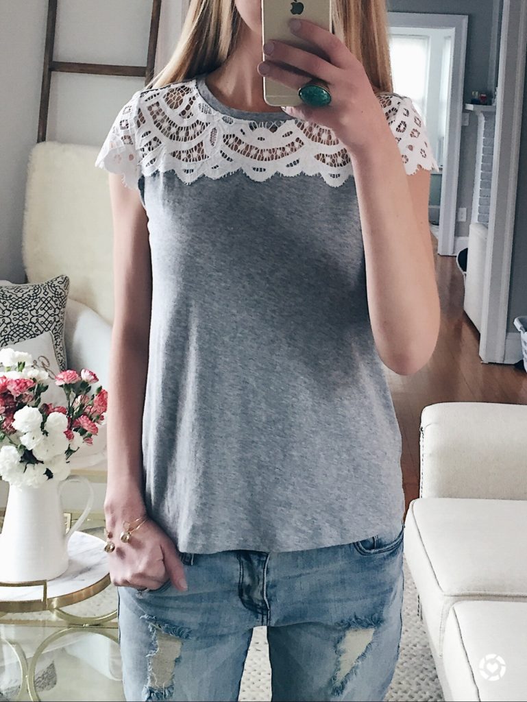 Connecticut life and style blogger, Pinteresting Plans shares a round-up of spring outfit ideas that she showcased on her Instagram. spring outfit idea: lace top tee