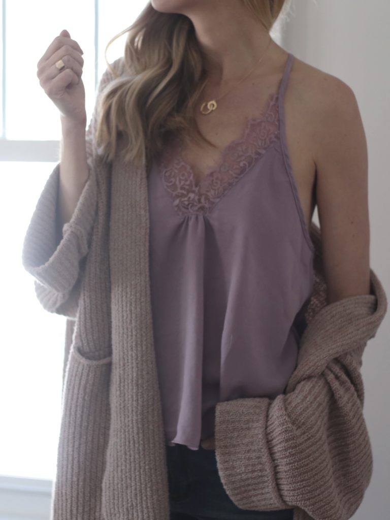 lace trim cami with oversized free people cardigan