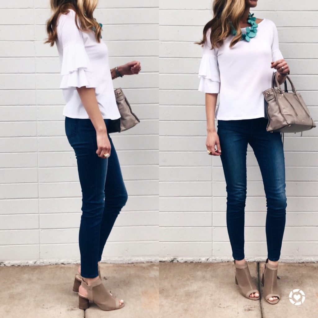 Connecticut life and style blogger, Pinteresting Plans shares a round-up of spring outfit ideas that she showcased on her Instagram. spring outfit idea: $35 ruffle tee with skinny jeans and booties