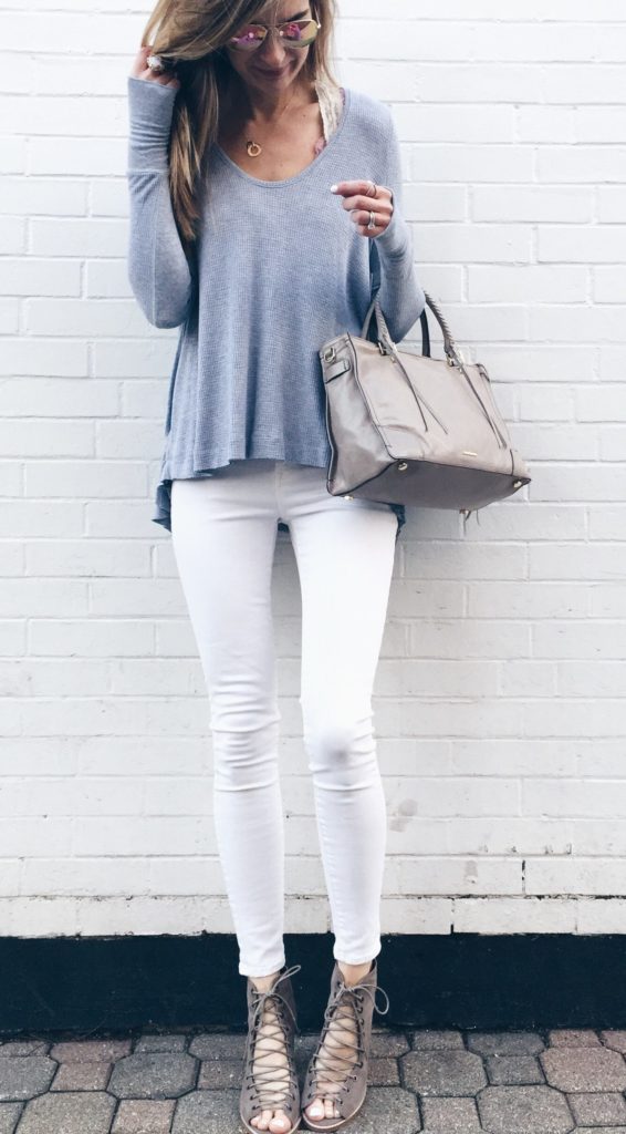 Connecticut life and style blogger, Pinteresting Plans shares a round-up of spring outfit ideas that she showcased on her Instagram. spring outfit idea: free people thermal with white skinny jeans and lace up booties