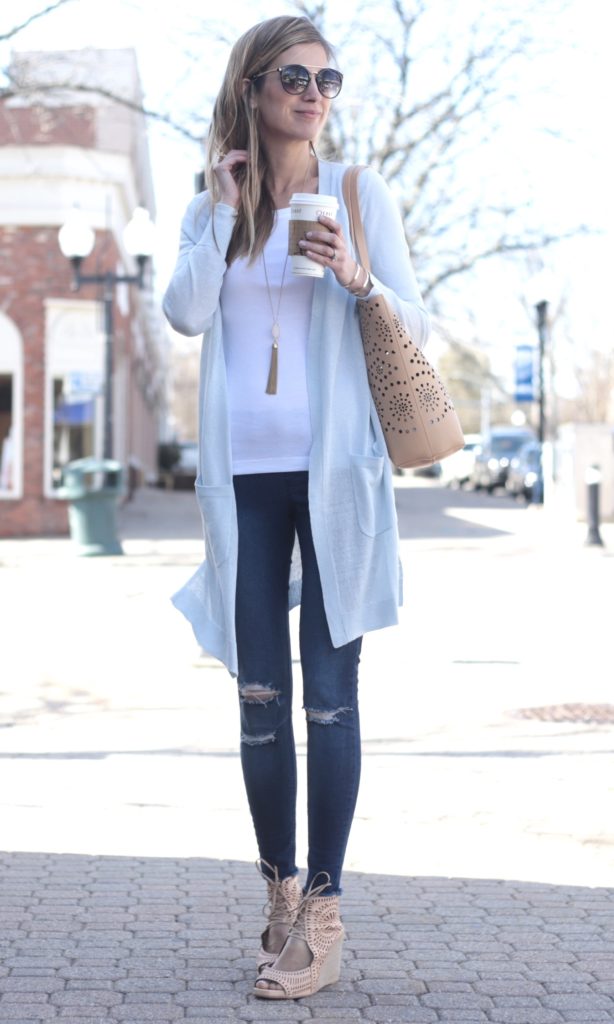 Connecticut life and style blogger, Pinteresting Plans shares a round-up of spring outfit ideas that she showcased on her Instagram. spring outfit idea: long cardigan with jeggings and white fitted tee