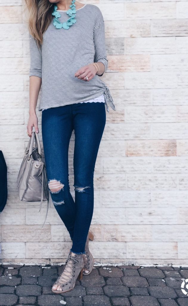 Connecticut life and style blogger, Pinteresting Plans shares a round-up of spring outfit ideas that she showcased on her Instagram. spring outfit idea: side tie striped top with jeggings