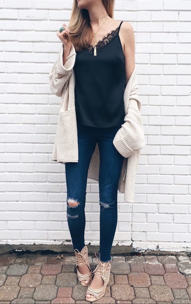 Connecticut life and style blogger, Pinteresting Plans shares a round-up of spring outfit ideas that she showcased on her Instagram. spring outfit idea: slouchy cardigan over satin camisole with skinny jeans and wedges