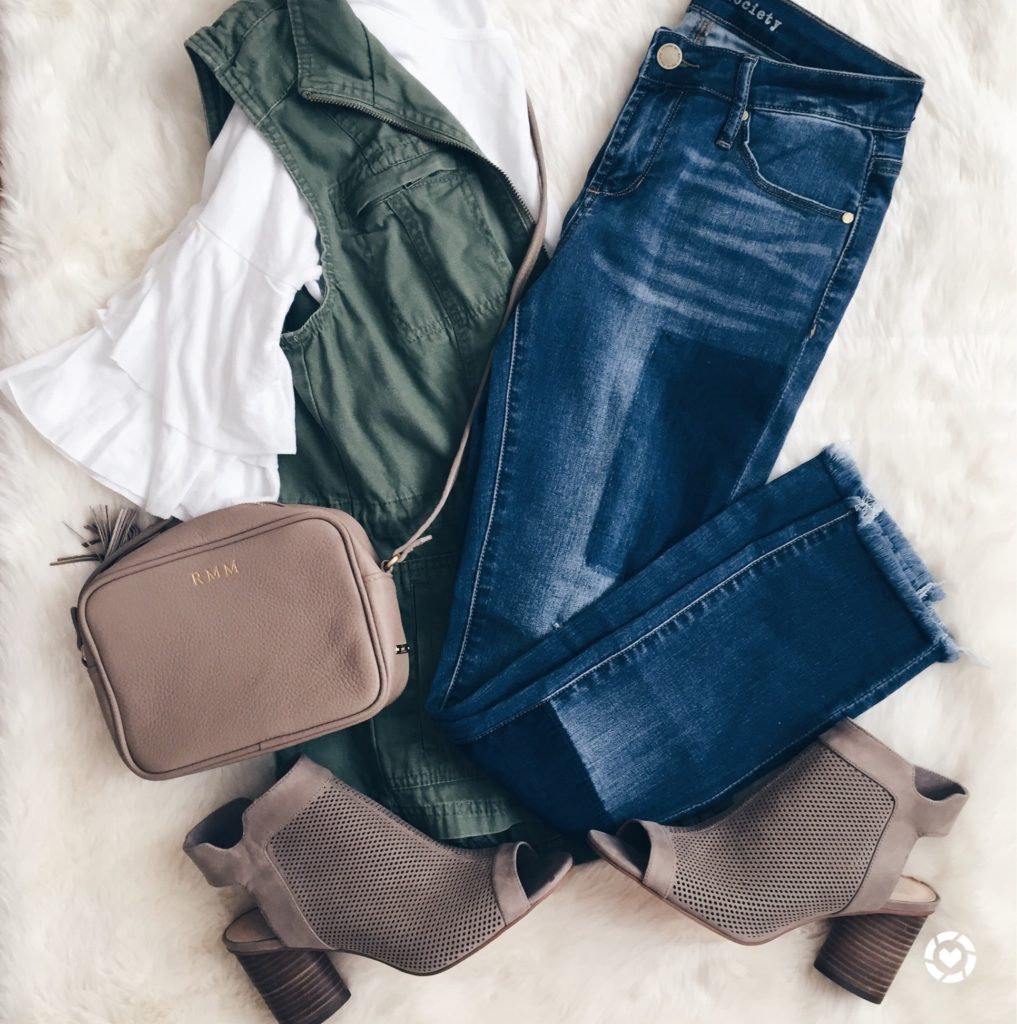 Connecticut life and style blogger, Pinteresting Plans shares a round-up of spring outfit ideas that she showcased on her Instagram. spring outfit idea: utility vest with ruffle sleeve tee