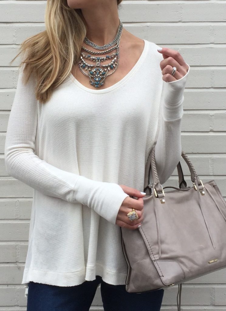Connecticut life and style blogger, Pinteresting Plans shares a round-up of spring outfit ideas that she showcased on her Instagram. spring outfit idea: white thermal with statement necklace