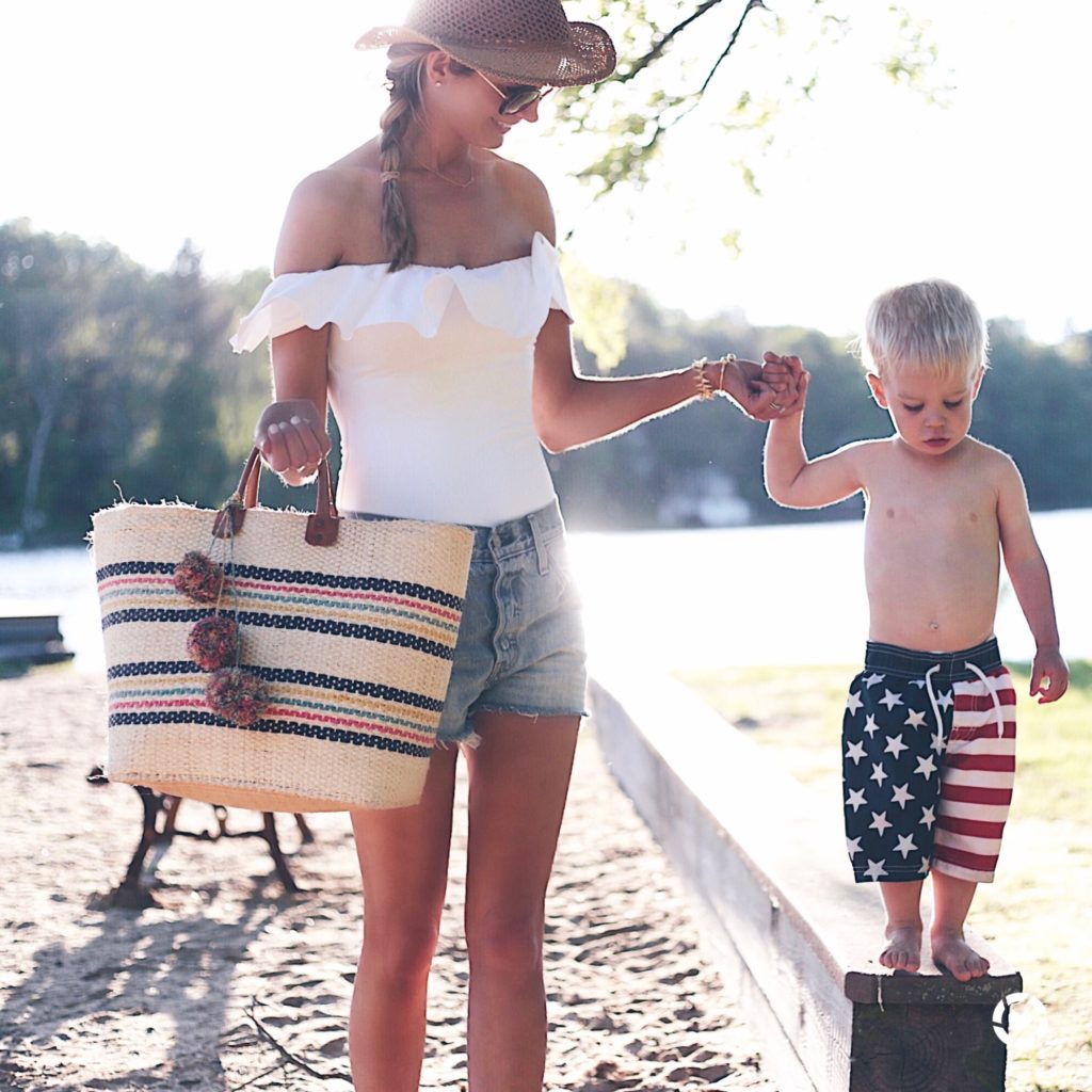 liketoknow.it.family takeover friday - pinteresting plans in white off the shoulder one piece bathing suit and denim cut offs