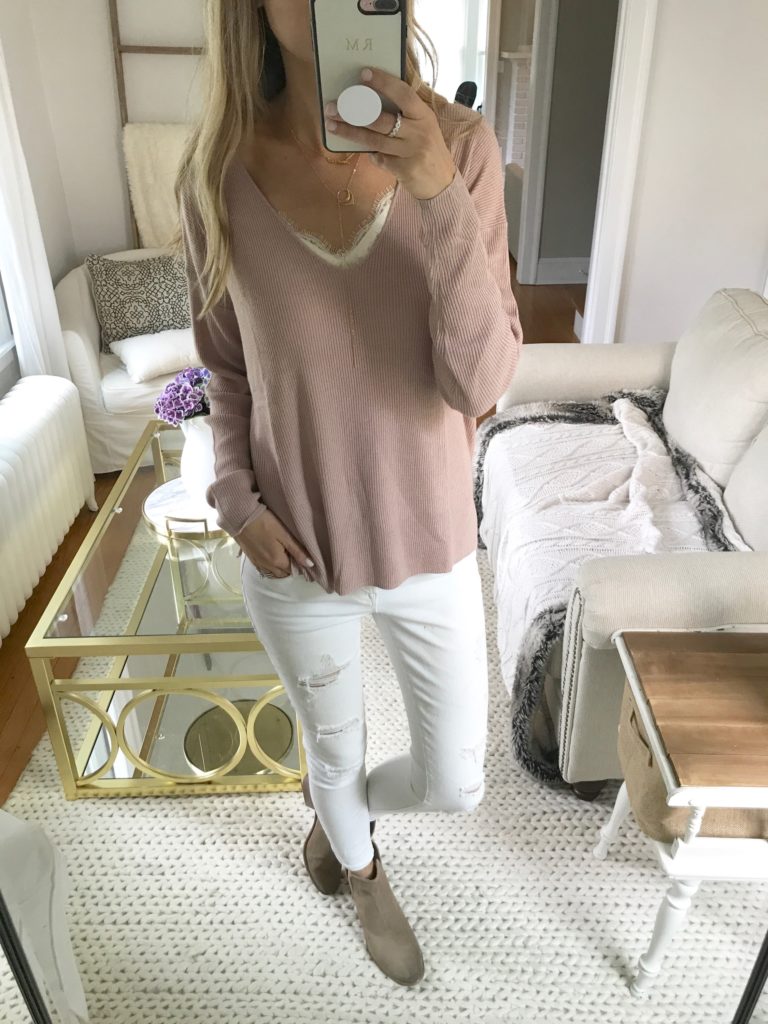 nordstrom anniversary sale top - pink pullover top with white denim and booties on pinterestingplans