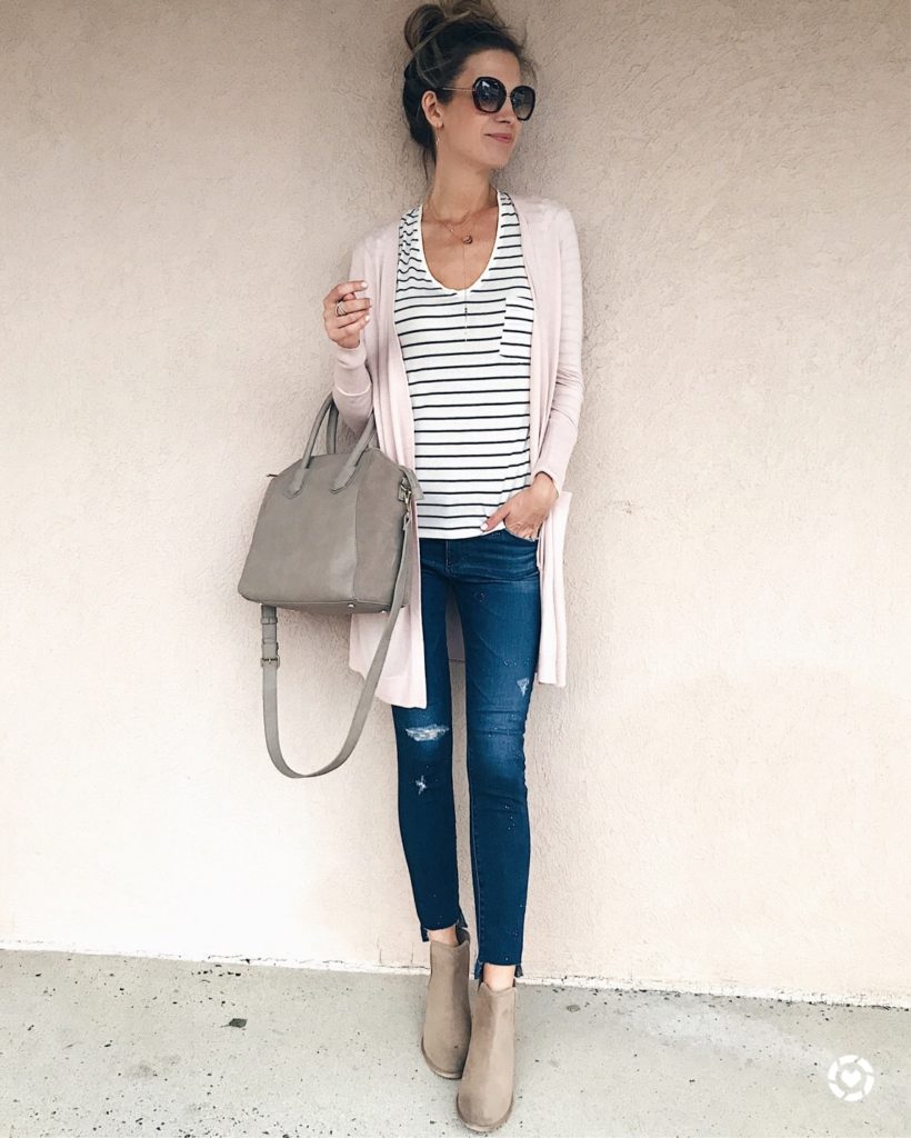 nordstrom anniversary sale tops - long sleeve stripe tee under pink cardigan with skinny jeans and booties on pinterestingplans