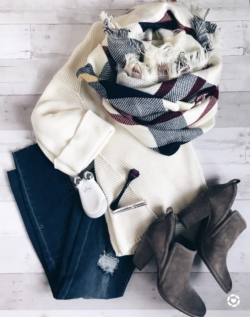 nordstrom anniversary sale tops - outfit flatlay with booties and blanket scarf on pinterestingplans