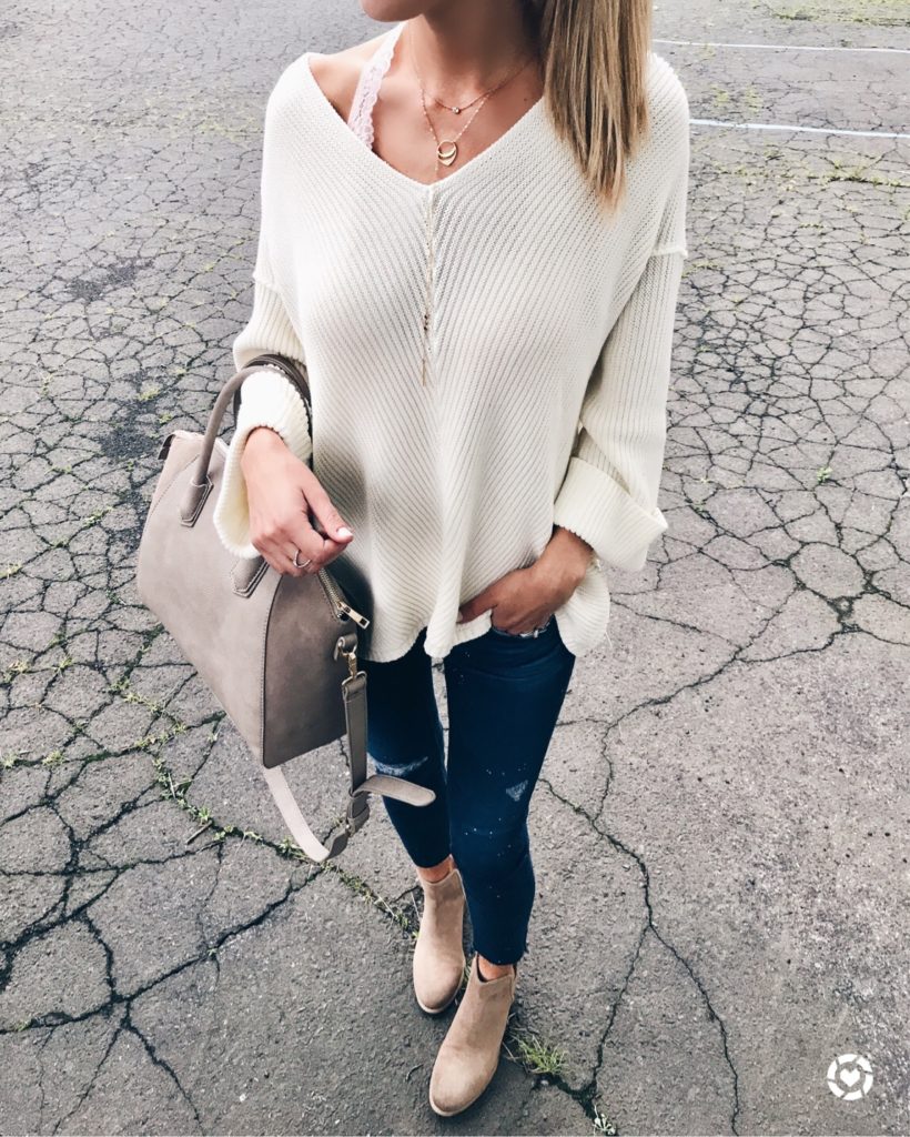 nordstrom anniversary sale tops - oversized white v-neck sweater and skinny jeans with booties on pinterestingplans