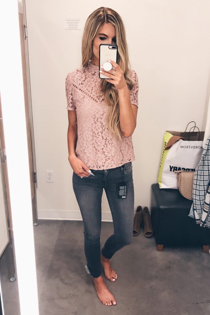 nordstrom anniversary sale tops - pink lace top and gray paige jeans on pinterestingplans