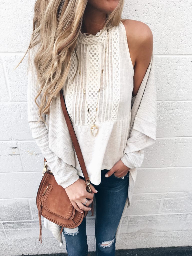 Fall capsule wardrobe - white halter and long thermal cardigan Fall outfit on PinterestingPlans