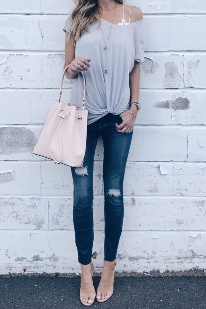 august instagram round-up - twist front tee and skinny jeans outfit on pinterestingplans