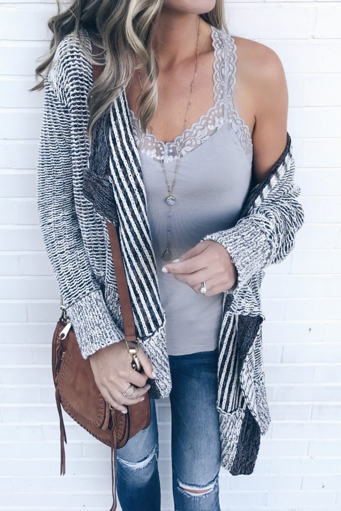 fall transition outfits - gray lace trim camisole with shelf bra under cotton knit drape front open cardigan on pinterestingplans