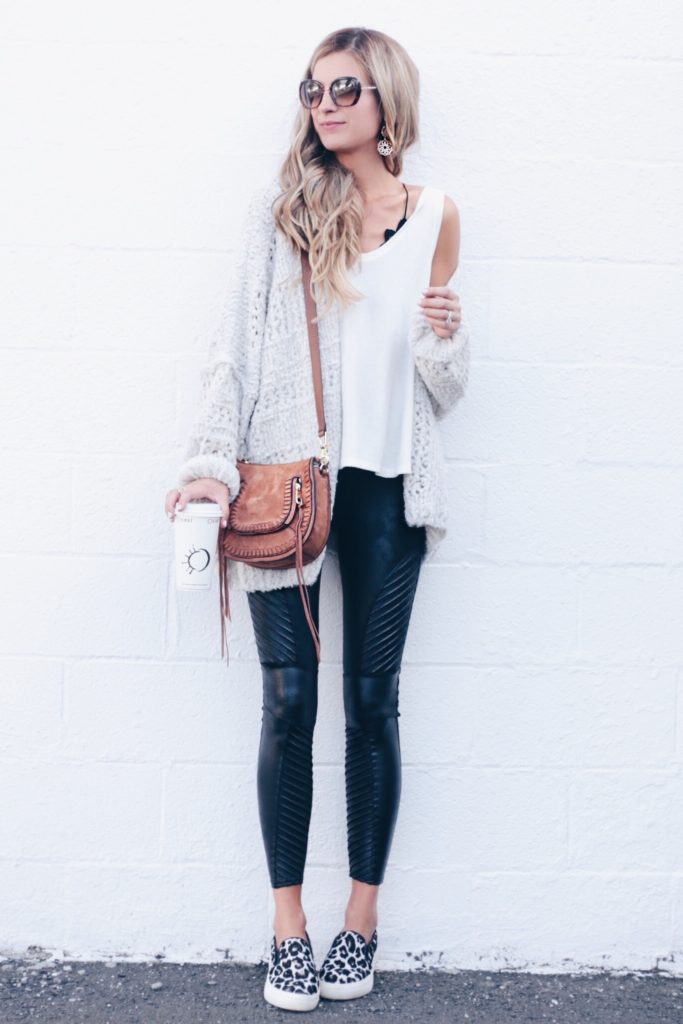SAVE THIS! how to style leather leggings outfits - chunky knit cardigan and moto leather leggings on pinterestingplans