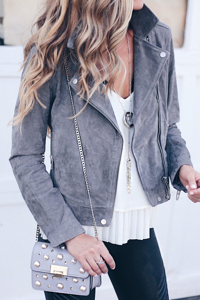 SAVE for later - how to style leather leggings for a night out with a gray suede moto jacket over a white camisole as seen on pinterestingplans