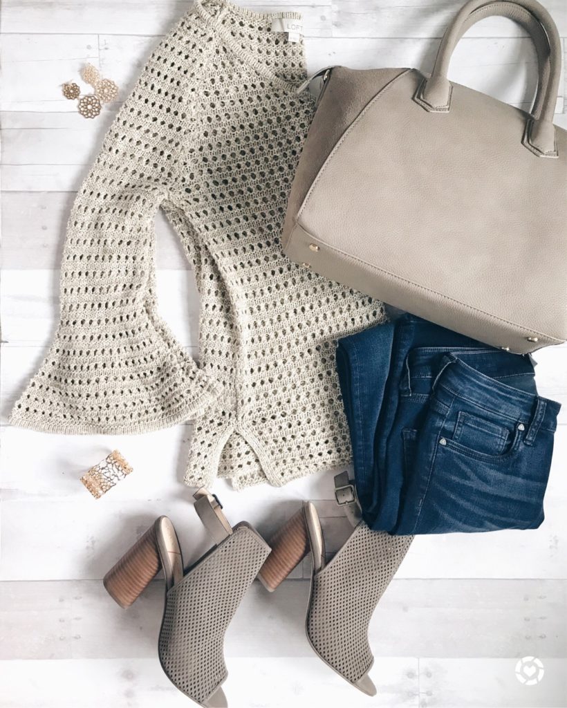weekend sales 8_5_17 - open switch loft sweater and peep toe booties outfit flatlay