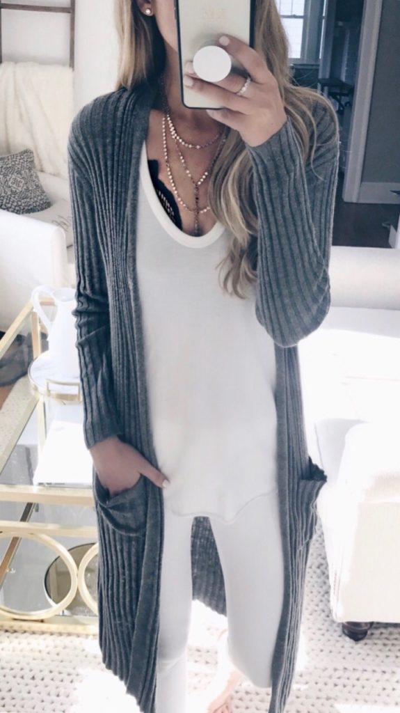 September Instagram round-up - gray ribbed knit long cardigan over all white outfit on pinterestingplans