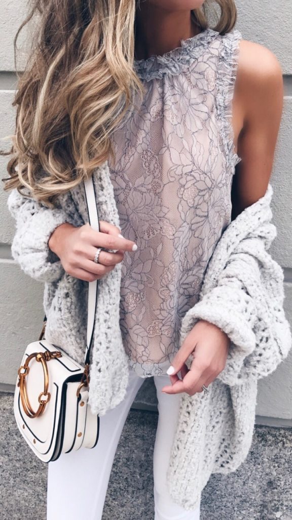 September Instagram round-up - mock neck lace top under chunky cardigan on pinterestingplans