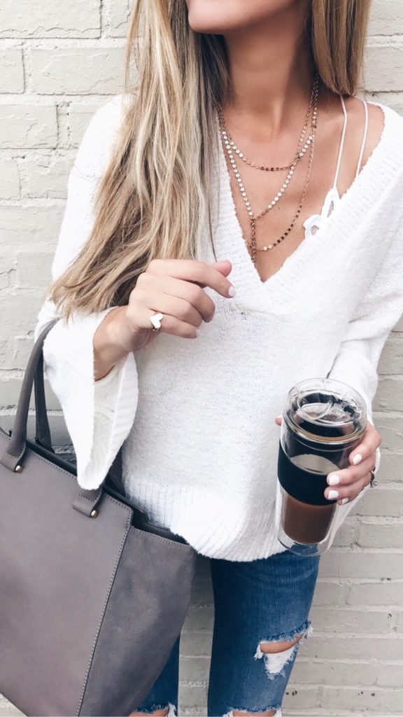 September Instagram round-up - slouchy white sweater over bralette with layered necklace on pinterestingplans