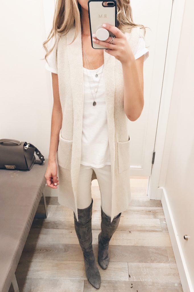 loft sale dressing room selfies - long sweater vest and over the knee boots on pinterestingplans