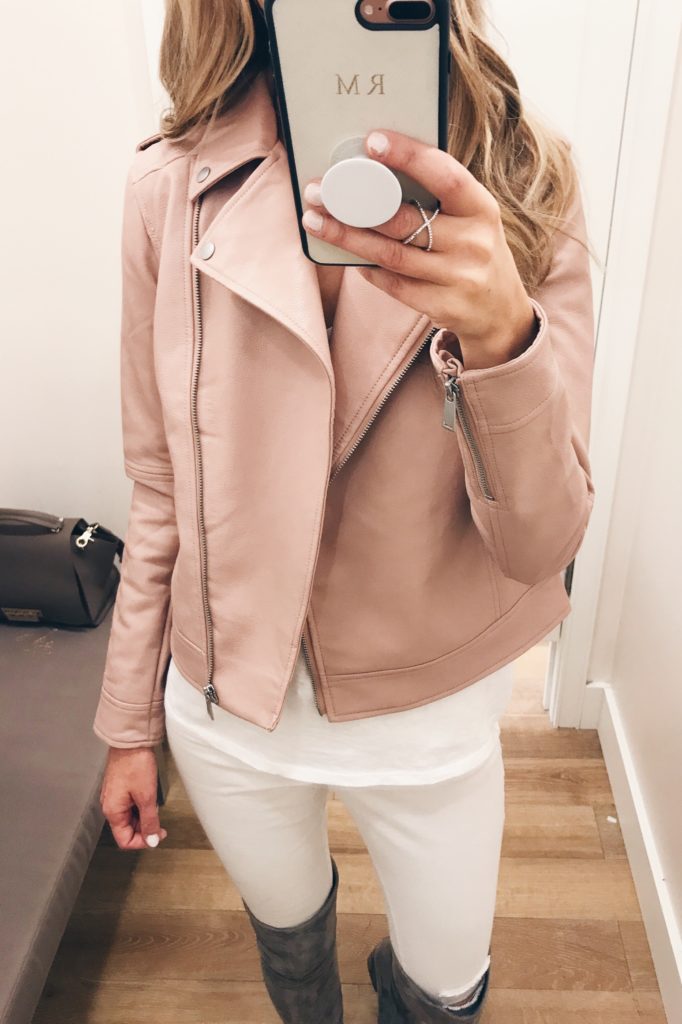 loft sale dressing room selfies - pink faux leather moto jacket