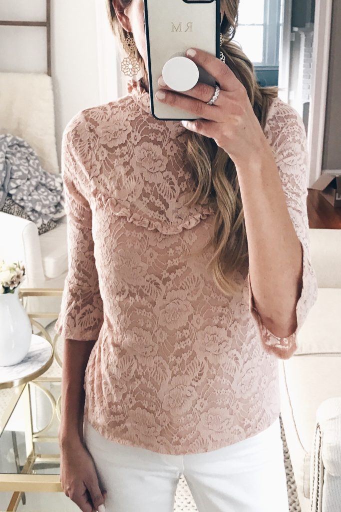loft sale dressing room selfies - pink lace mock neck top