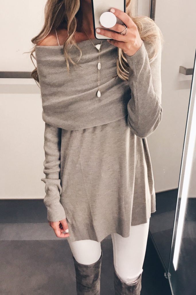 loft sale dressing room selfies - tan off the shoulder tunic sweater
