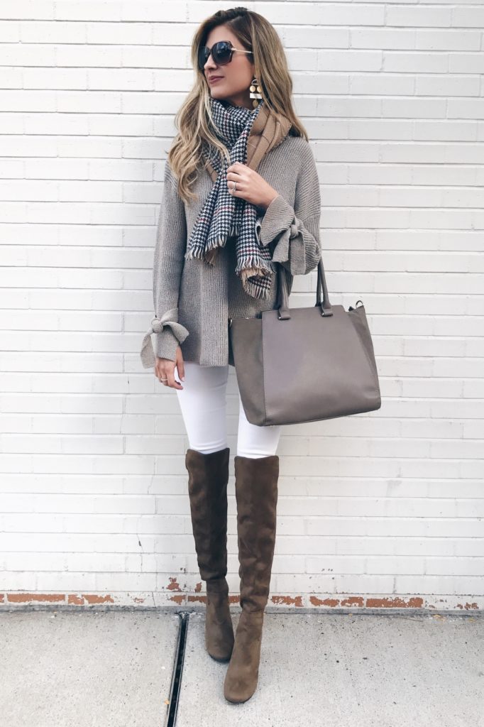 AFFORDABLE trendy Fall sweaters - taupe sweater over lace bralette and white skinny jeans with over the knee boots - fall outfit via pinterestingplans