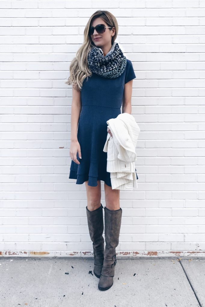  how to tie a blanket scarf - pinterestingplans in navy Fall dress with infinity scarf and knee high boots