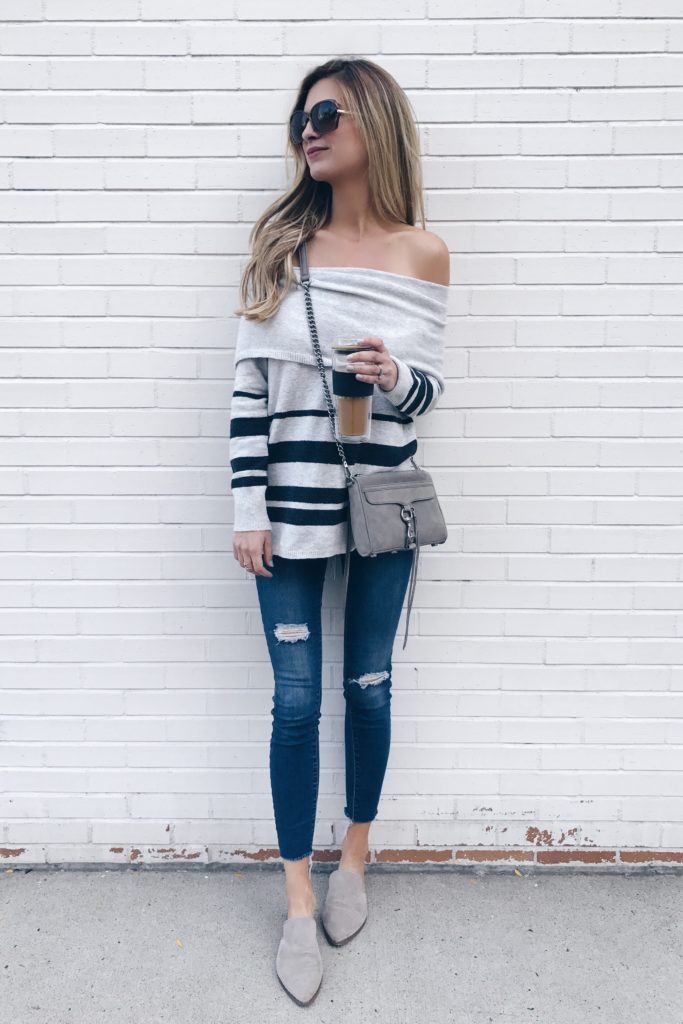 Fall outfit ideas from the loft weekend sale 10/14/17 - striped off the shoulder sweater