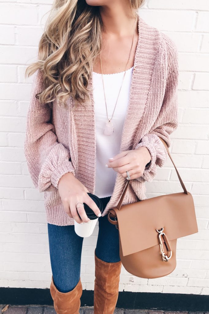 pink Fall sweaters - pinterestingplans in Fall outfit with pink chenille cardigan