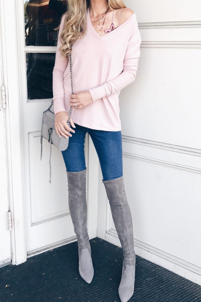 pink Fall sweaters - pinterestingplans in pink sweater and jeans with gray over the knee boots - Fall outfit idea