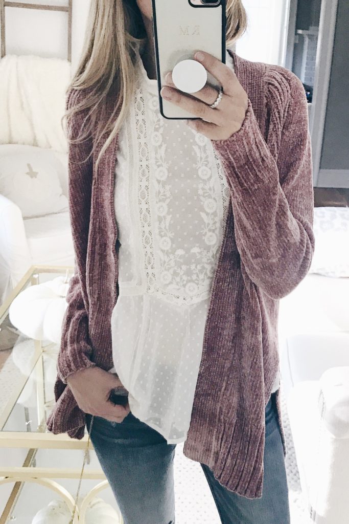 pink fall sweaters - mirror selfie on pinterestingplans in loft pink chenille sweater cardigan and lace shell