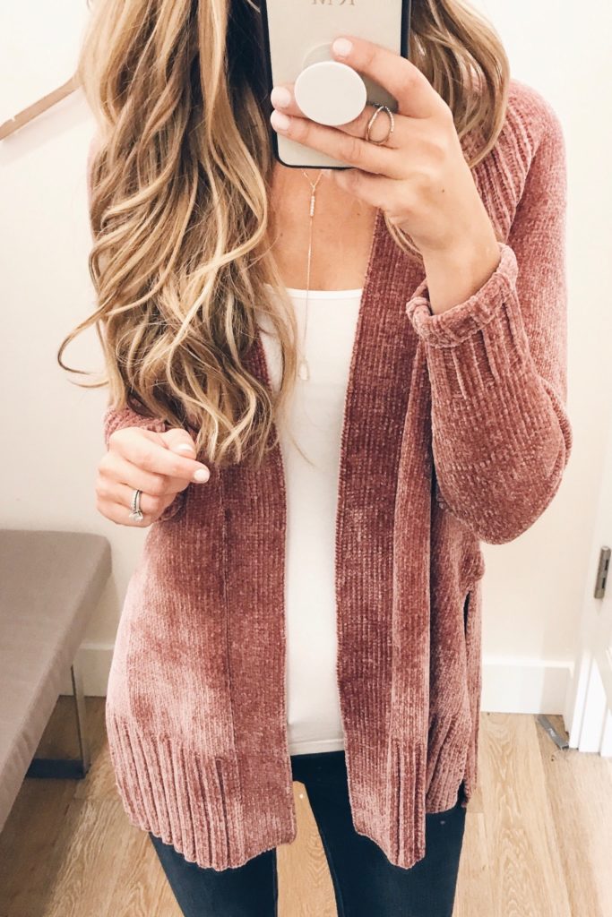 pink fall sweaters - pinterestingplans in chenille loft cardigan and white camisole