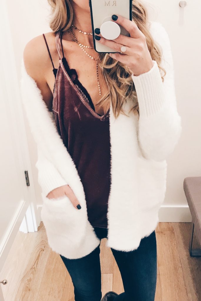 Cyber Week 2017 - fuzzy white cardigan sweater over pink velvet cami