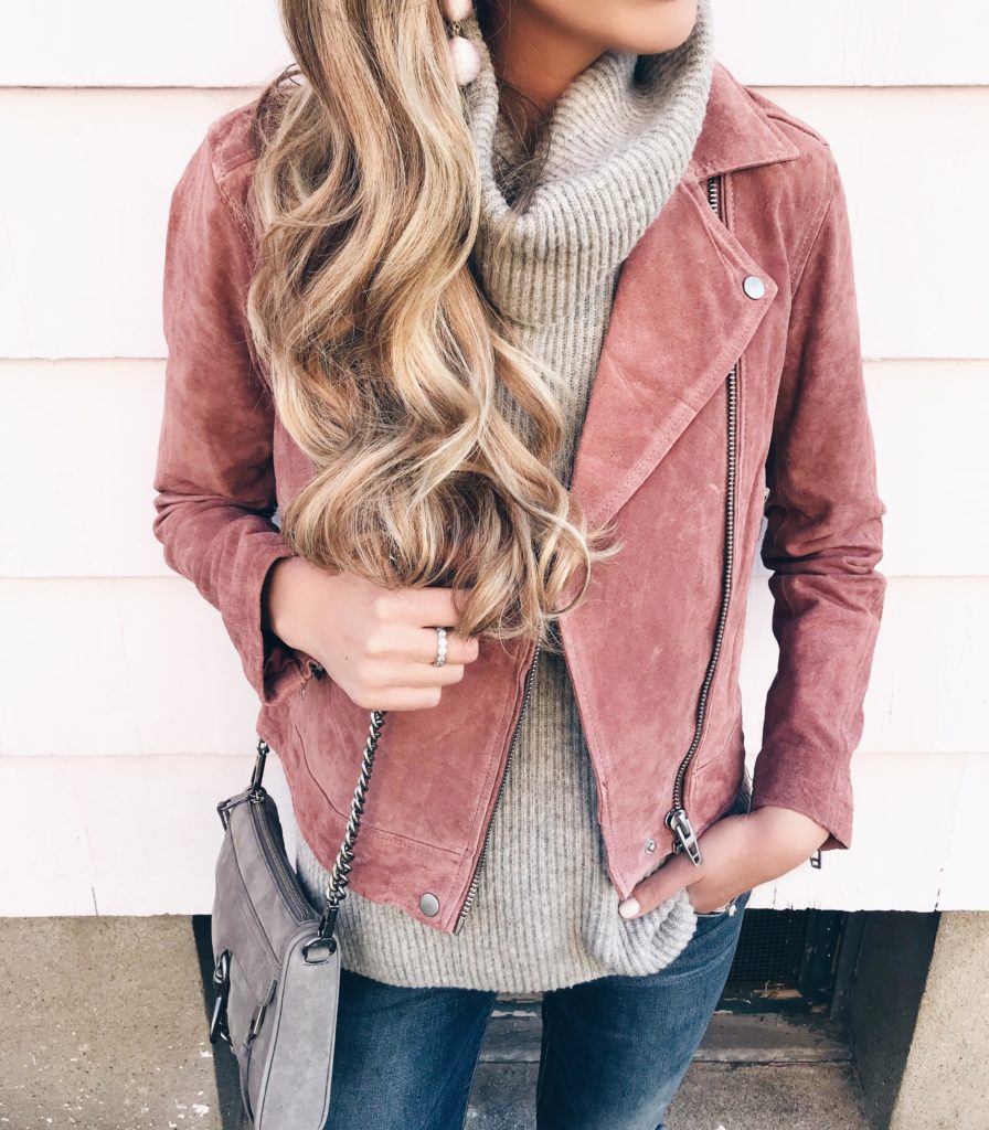 blush pink suede moto jacket outfit idea