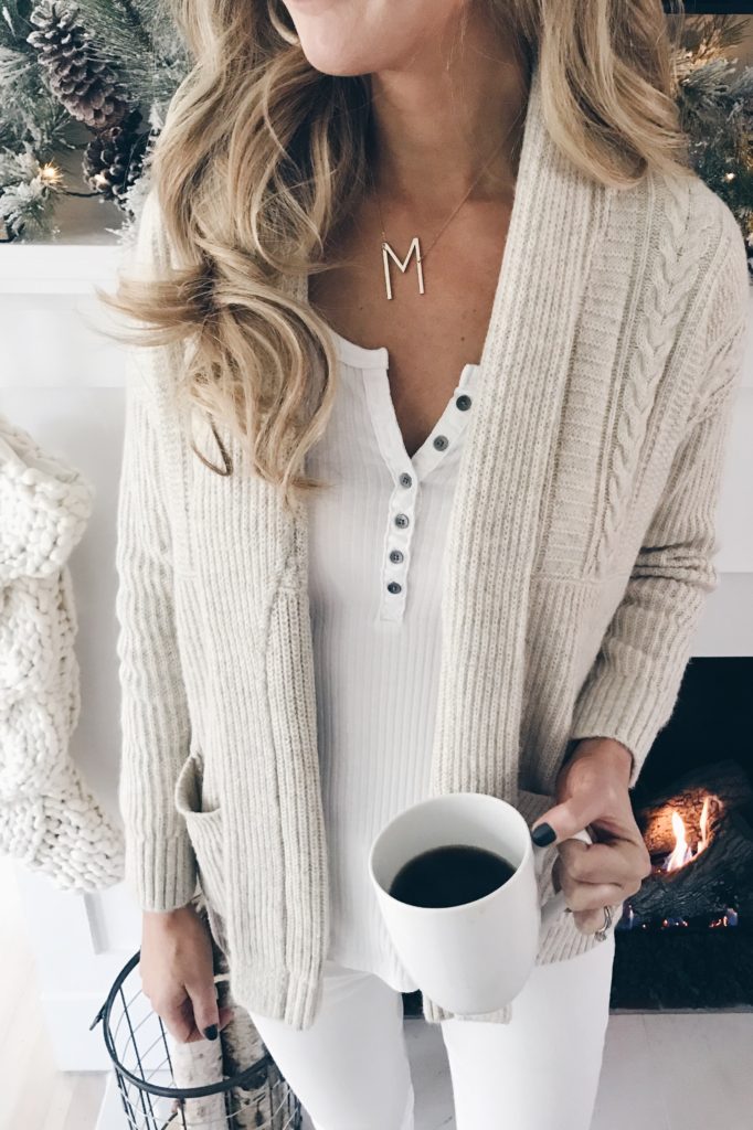 PIN THIS!!! casual holiday outfit ideas for the whole family - chic neutral cardigan and ribbed henley for mom
