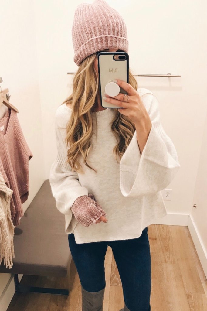  cyber week 2017 sale sweaters - bell sleeve white sweater and chenille knit hat