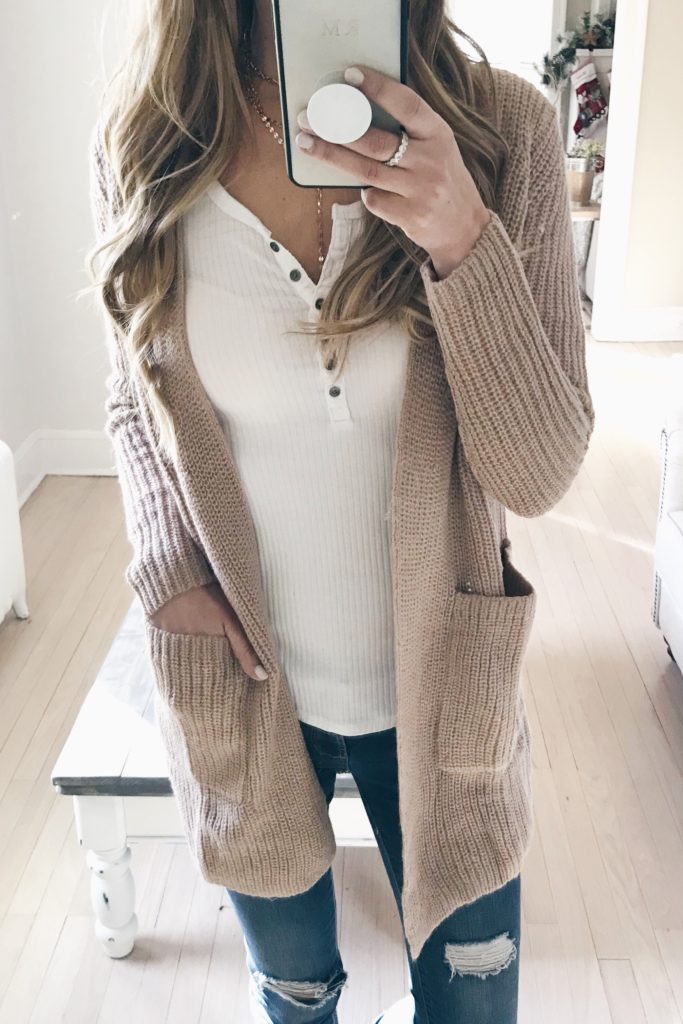 cyber week 2017 sweaters on sale - blush wide knit cardigan over white henley