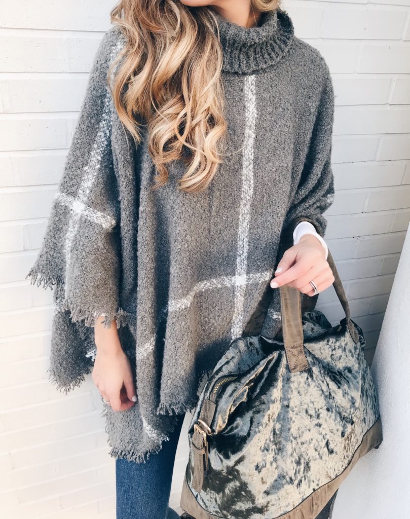 holiday airport outfits - turtleneck knit gray poncho and velvet weekender bag on pinterestingplans