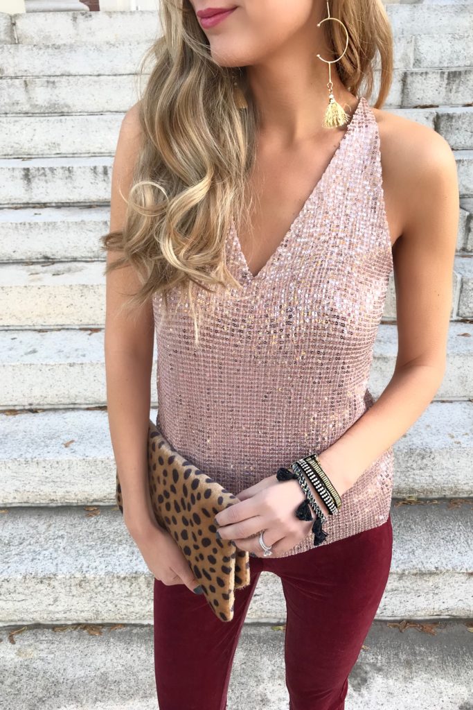 TRY THIS - velvet holiday outfit - sparkle pink camisole and velvet leggings new years eve outfit inspiration on pinterestingplans