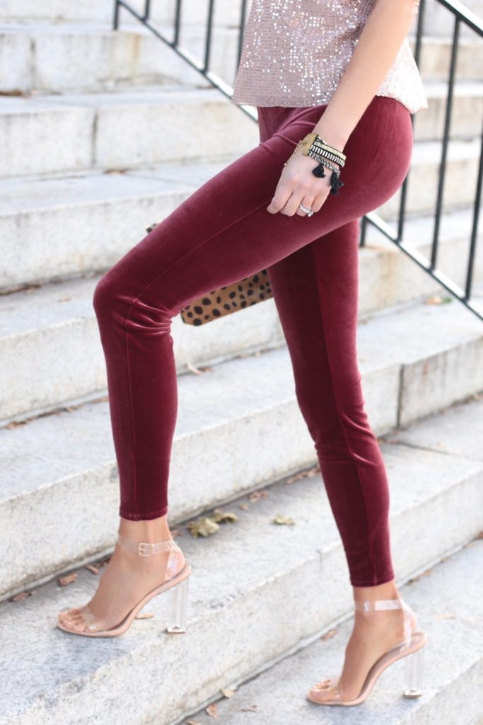 PIN THIS!! velvet holiday outfit - warm holiday party outfit idea with white turtleneck cozy sweater over velvet leggings and lucite heel boots on pinterestingplans
