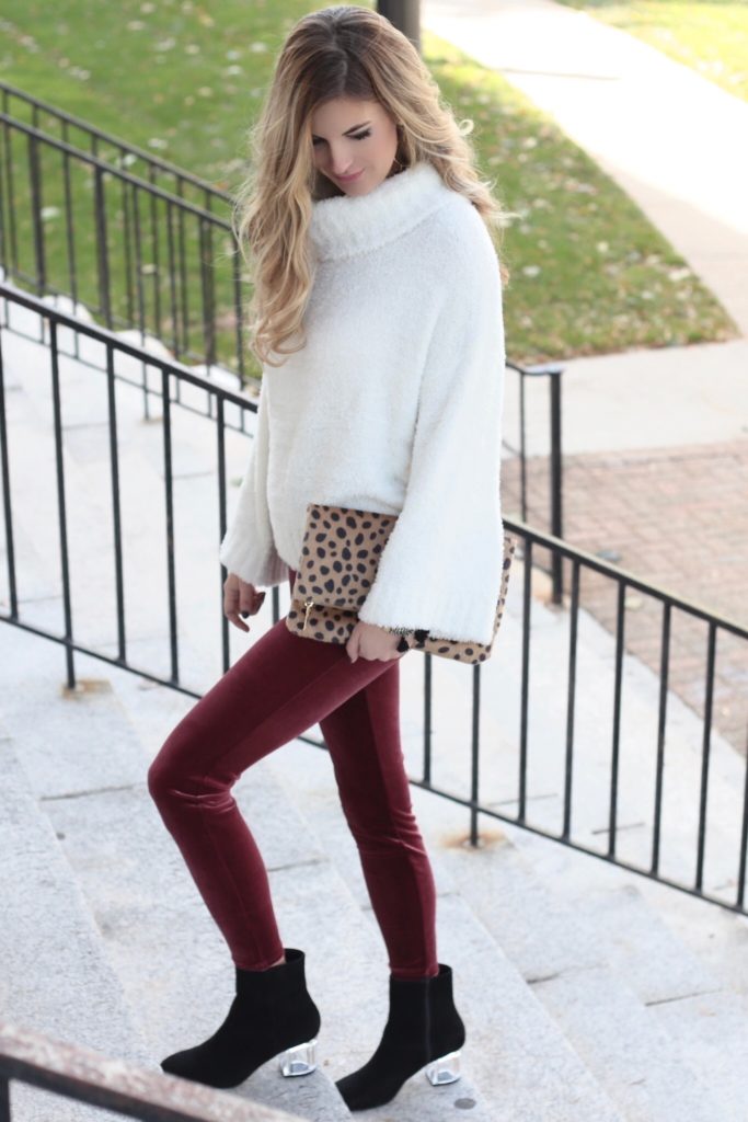 BOOKMARK THIS!! velvet holiday outfit - warm holiday party outfit idea with white turtleneck cozy sweater over velvet leggings and lucite heel boots on pinterestingplans